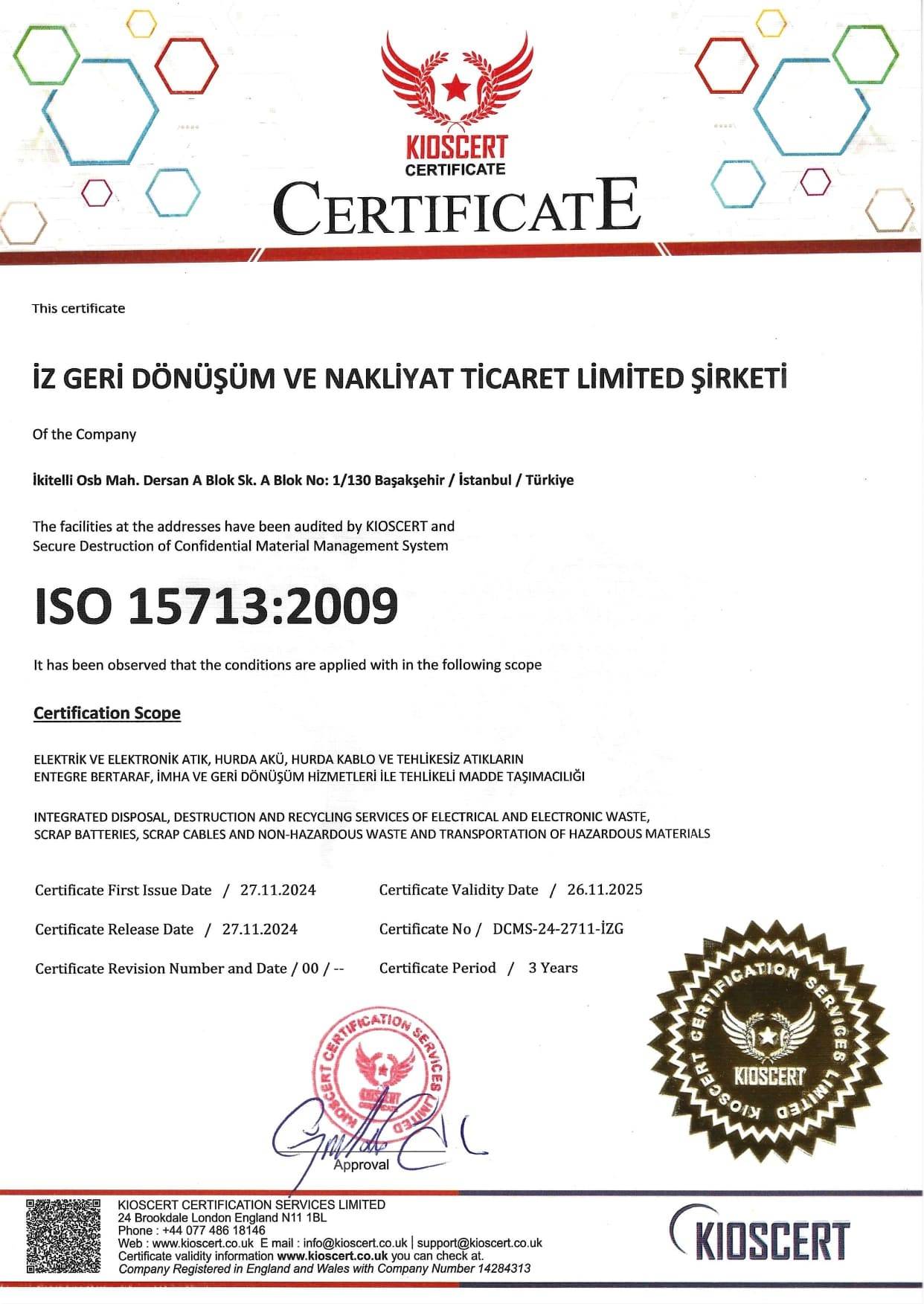 İz Geri Dönüşüm ISO 15713-2009 Sertifika